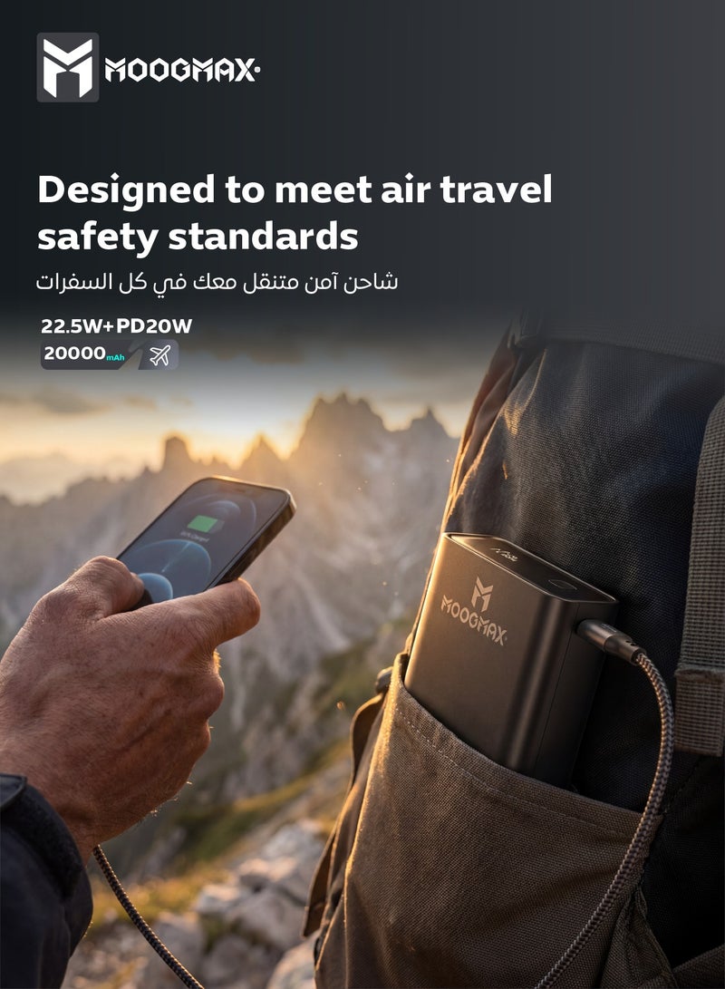 موجماكس مارفل باور بنك 20000 مللي أمبير. باور بانك قوي بقوة 22.5 واط. بطاريه متنقله بتصميم أنيق وبحجم ووزن صغير. شاحن متنقل بمنفذين شحن (شاحن تايب سي & شاحن يو اس بي) تدعم الشحن السريع PD & QC. بور بانك بشاشة عرض رقمية لعرض الشحن. بطارية شحن يسمح بحمله في الطائرات من موجماكس. أسود - Image 3